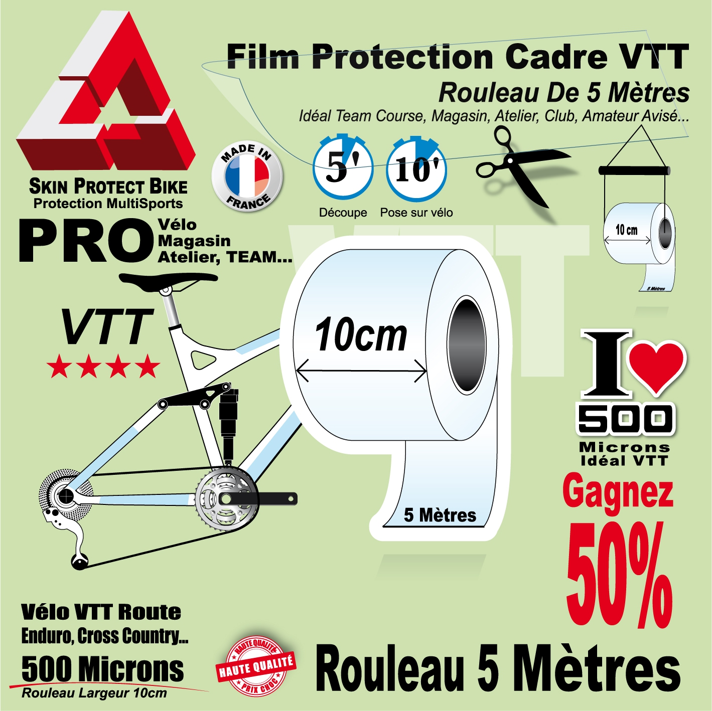 Rouleau Film Protection cadre VTT 500 Microns 10cm en rouleau PRO