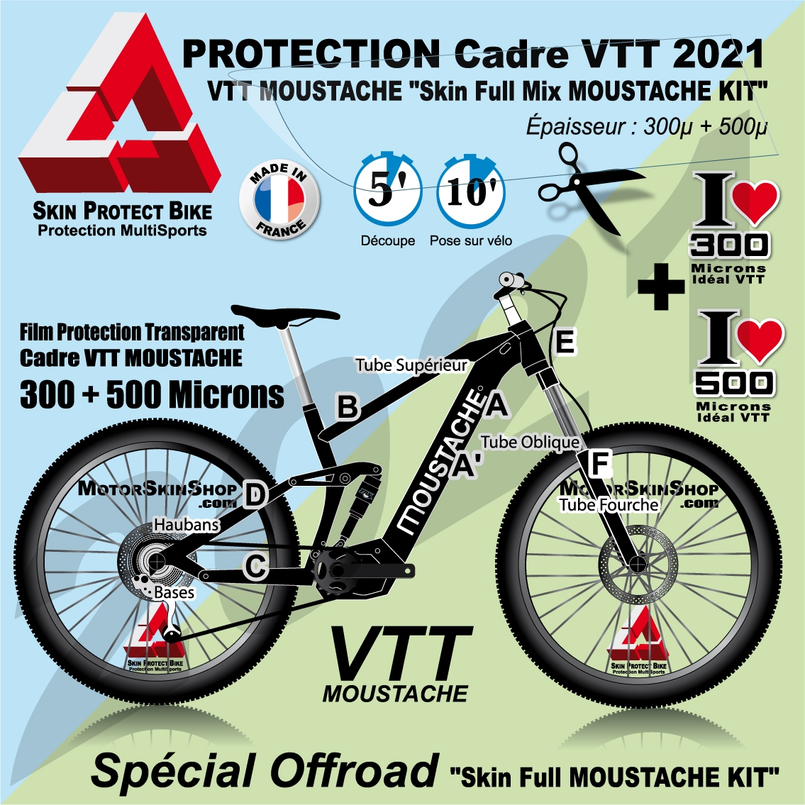 Kit Film Protection VTT MOUSTACHE 2021 cadre Complet 2 épaisseurs + Fourche