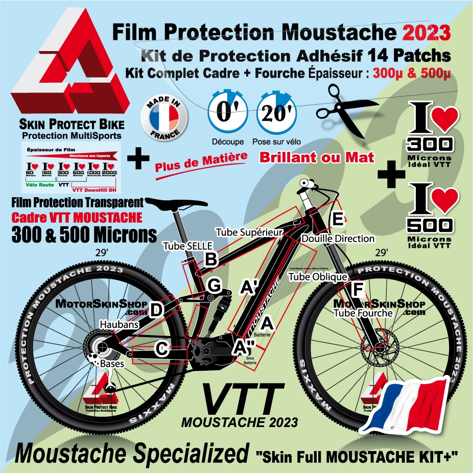Kit Film Protection VTT MOUSTACHE 2023 cadre Complet 2 épaisseurs + Fourche